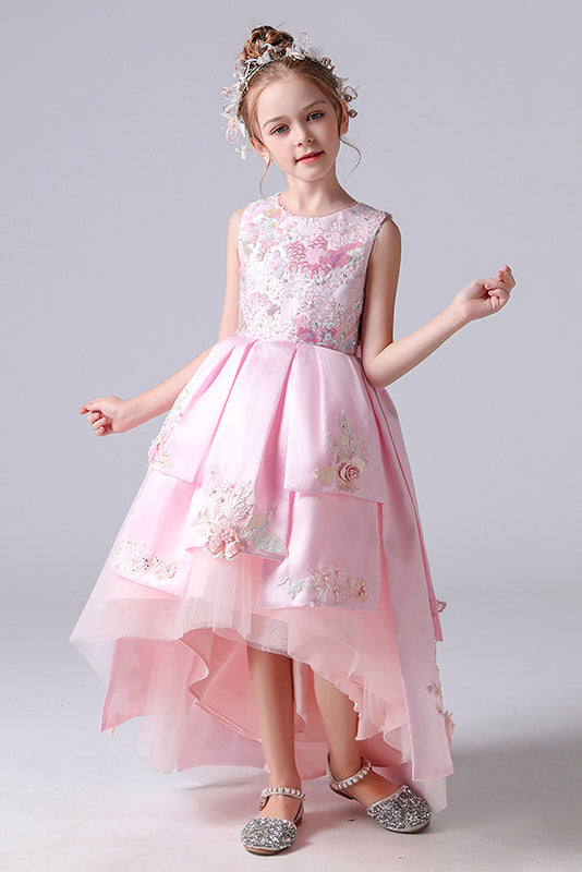 Pink Round Neck Sleeveless Flower Girl Dress With Appliques