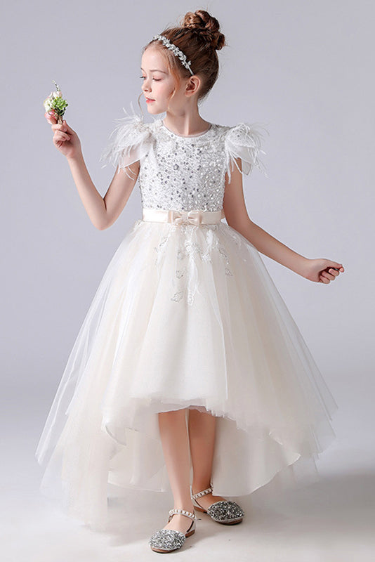 A- Line Cap Sleeves Tulle Beading Flower Girl Dress