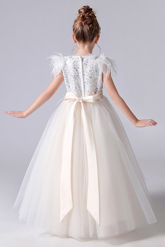 A- Line Cap Sleeves Tulle Beading Flower Girl Dress