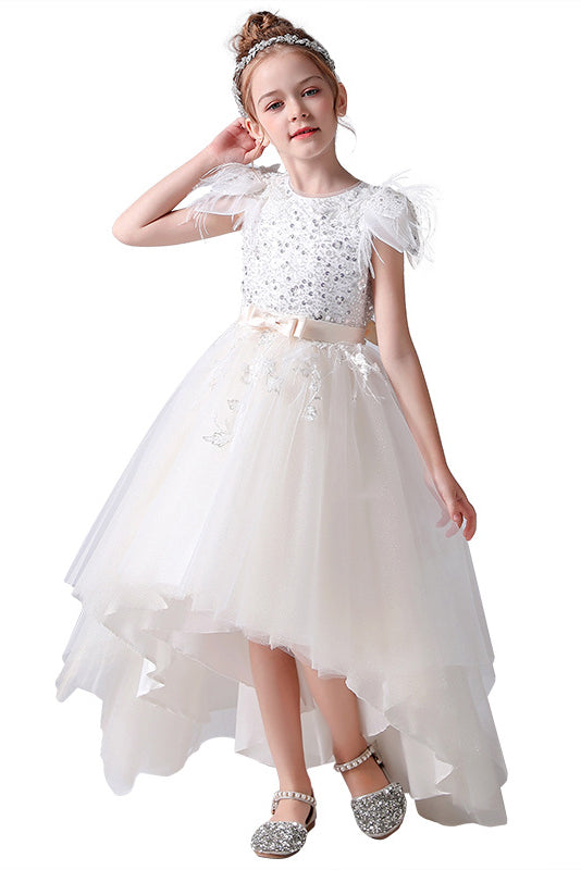 A- Line Cap Sleeves Tulle Beading Flower Girl Dress