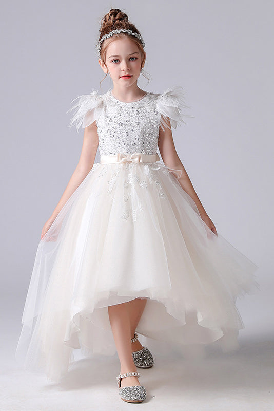 A- Line Cap Sleeves Tulle Beading Flower Girl Dress