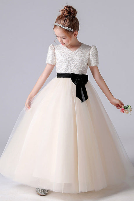 A- Line Short Sleeves Tulle Beading Flower Girl Dress With Bowknot