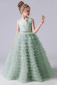 A-Line Sleeveless Tulle Layers Princess Flower Girl Gown With Belt