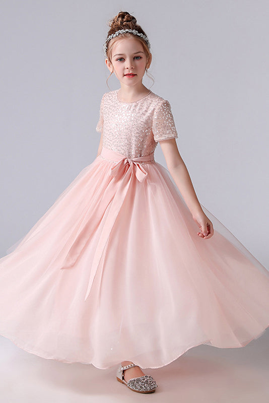 Cute Pink Tulle Sequins Flower Girl Dress With Belt