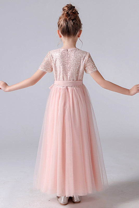 Cute Pink Tulle Sequins Flower Girl Dress With Belt