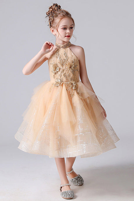 Cute Halter Sleeveless Appliques Flower Girl Dress