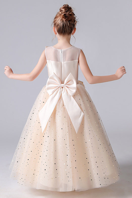 Sleeveless Appliques Pleats Princess Flower Girl Dress With Bowknot