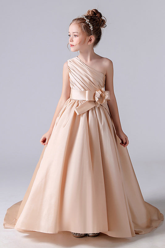 One shoulder Champagne Pleats Flower Girl Dress With Fower Belt