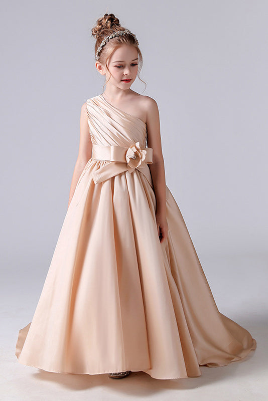 One shoulder Champagne Pleats Flower Girl Dress With Fower Belt