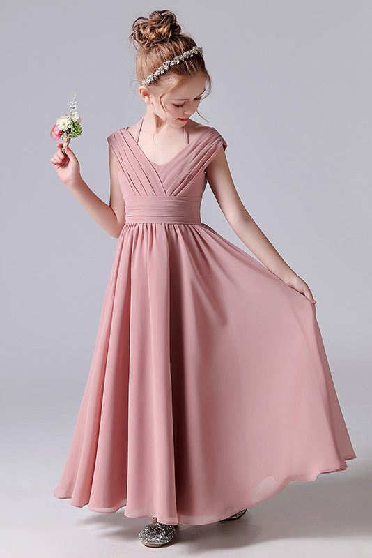 Pink A-Line Chiffon Sleeveless Flower Girl Dress With Pleats