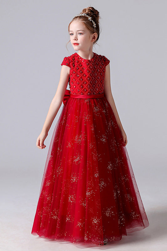 Red Cap Sleeves Tulle Flower Girl Dress With Beading