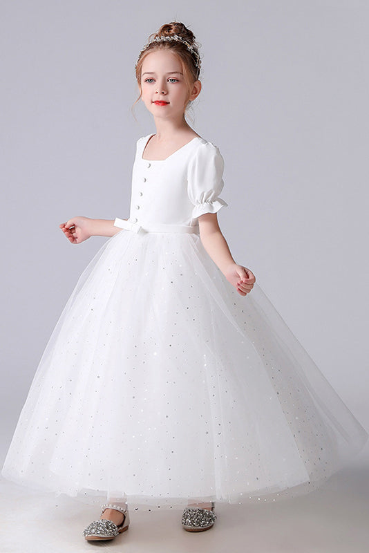 A-Line White Square Tulle Princess Flower Girl Dress With Belt