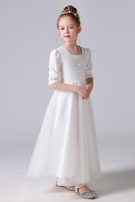 Elegant White A-line Square Half Sleeves Flower Girl Dress With Sequins