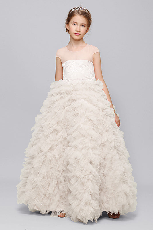 Beauty Princess Lace Cap Sleeves Tulle Flower Girl Gown