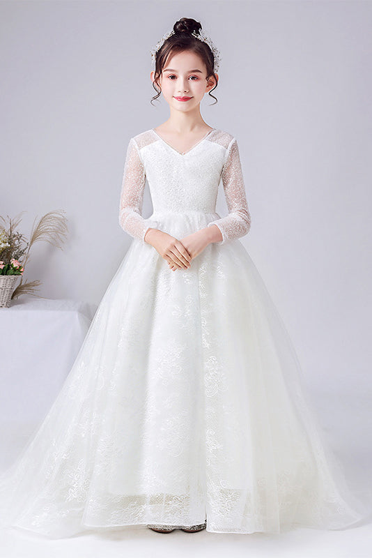 A-Line Elegant Long Sleeves Lace Flower Girl Dress With Bowknot