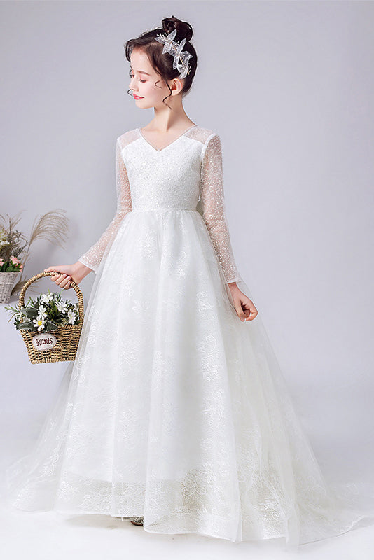A-Line Elegant Long Sleeves Lace Flower Girl Dress With Bowknot
