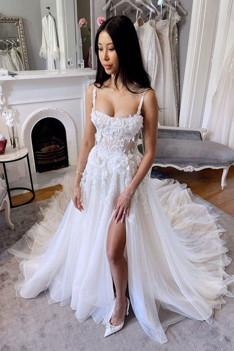 A-line Straps Tulle Lace Appliques Wedding Dresses N074