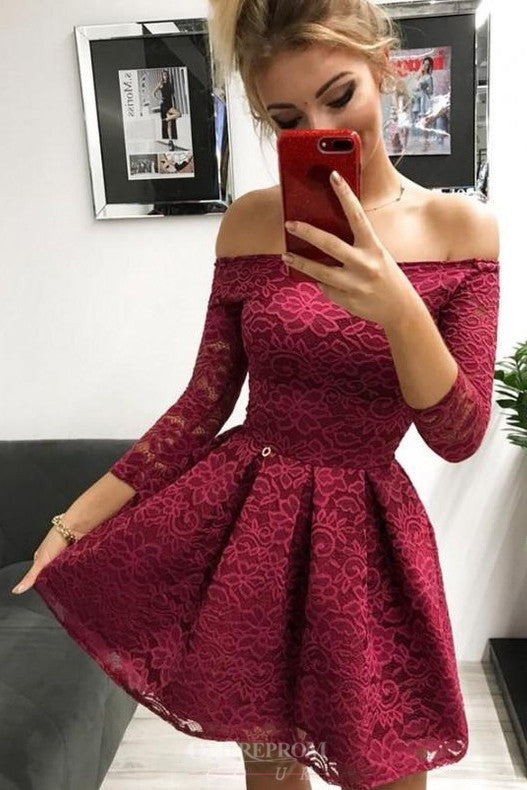 Off-the-Shoulder Long Sleeves Burgundy Lace Homecoming Dress OM184