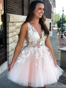 Princess V Neck Pink Short Prom Dress Tulle With Applique Homecoming Dress OM305