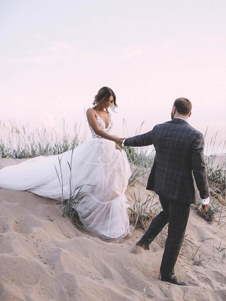 Unique Appliqued A-line V Neck Tulle Wedding Dresses With Chapel Train W709