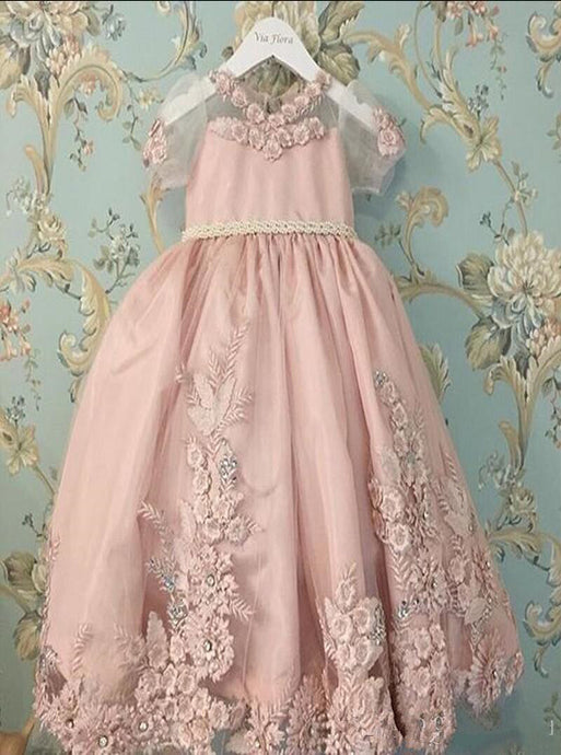 Pink Flower Girl Dress Scoop Neck Short Sleeves Tutu Gowns OF125