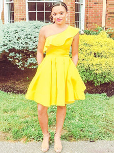 Yellow One Shoulder Short Prom Dress Homecoming Dress Ruffles