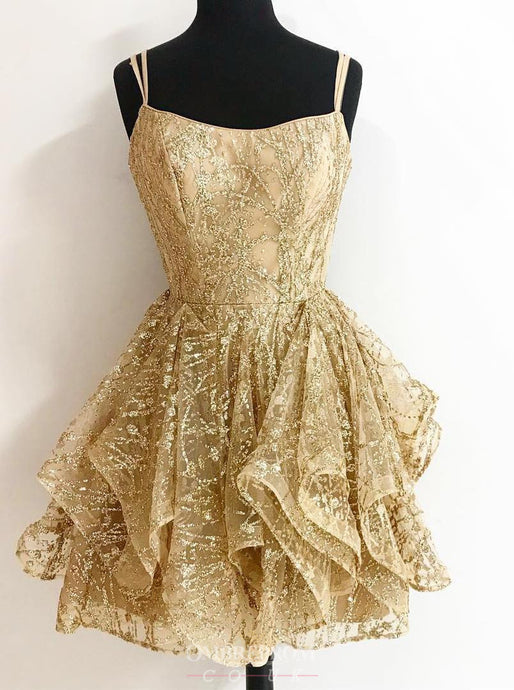 A-line Sequins Gold Short Prom Dresses Glitter Cocktail Party Dress