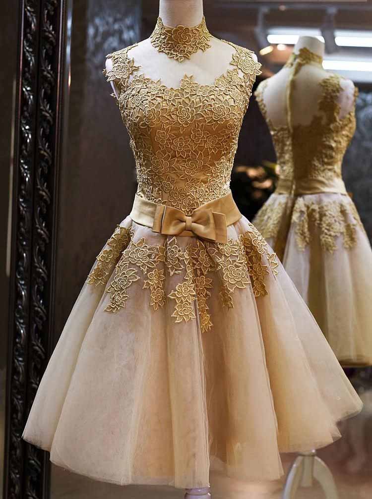 Tulle High Neckline Gold Lace Appliques Knee Length Prom Party Dress OM224