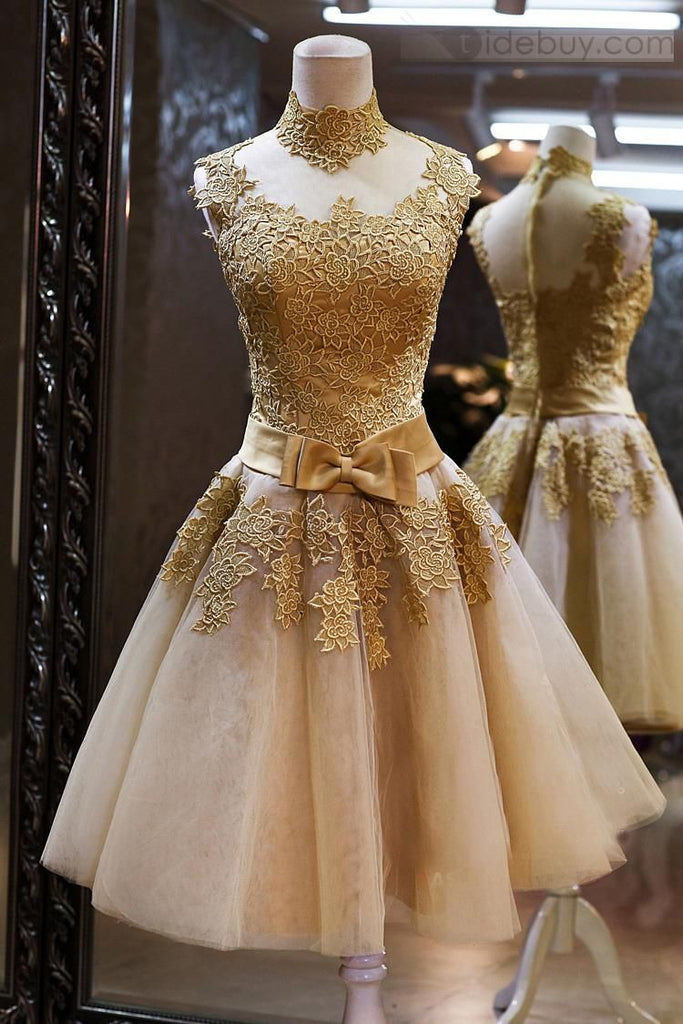 Tulle High Neckline Gold Lace Appliques Knee Length Prom Party Dress OM224