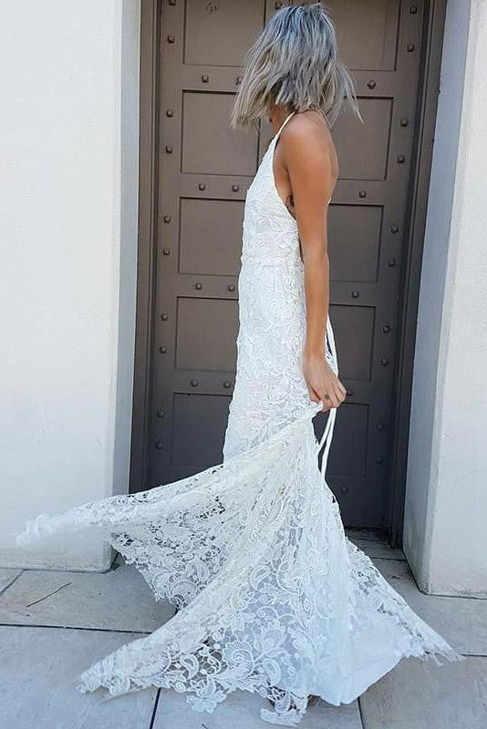 Mermaid Simple Halter Lace Wedding Dress Beach Bridal Gown OW421