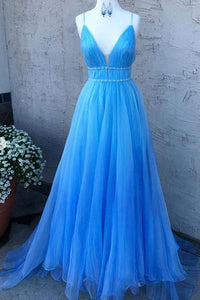 V-Neck Blue Long Prom Dresses Tulle Formal Dress with Beading PO024