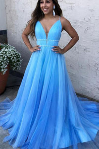 V-Neck Blue Long Prom Dresses Tulle Formal Dress with Beading PO024