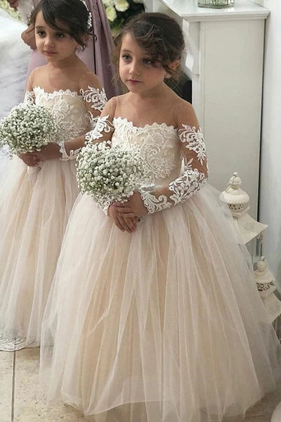 A Line Round Neck Long Sleeves Tulle Flower Girl Dress OF139