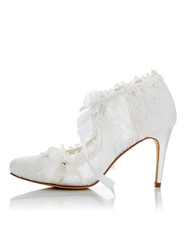 White Lace Wedding Shoes PU Closed Toe Stiletto Heel OS127