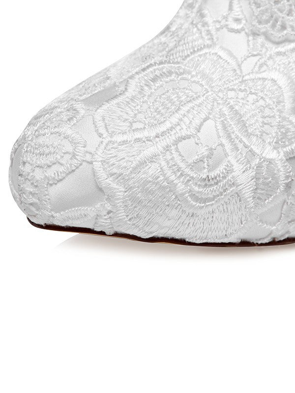 Satin Closed Toe Stiletto Heel Lace Flower White Wedding Shoes OS128