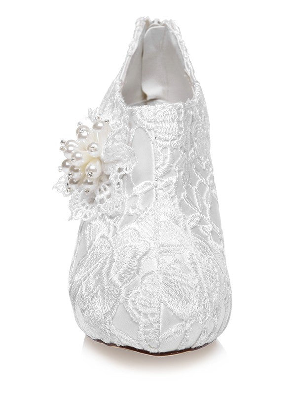 Satin Closed Toe Stiletto Heel Lace Flower White Wedding Shoes OS128