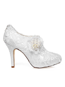 Satin Closed Toe Stiletto Heel Lace Flower White Wedding Shoes OS128