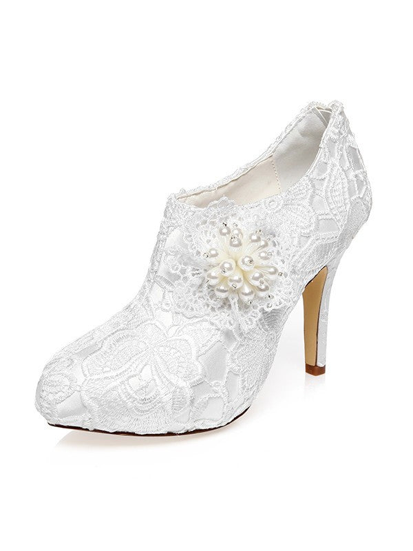 Satin Closed Toe Stiletto Heel Lace Flower White Wedding Shoes OS128