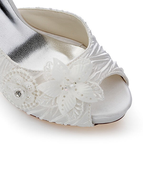 Satin PU Peep Toe Stiletto Heel Wedding Shoes With Flowers OS129