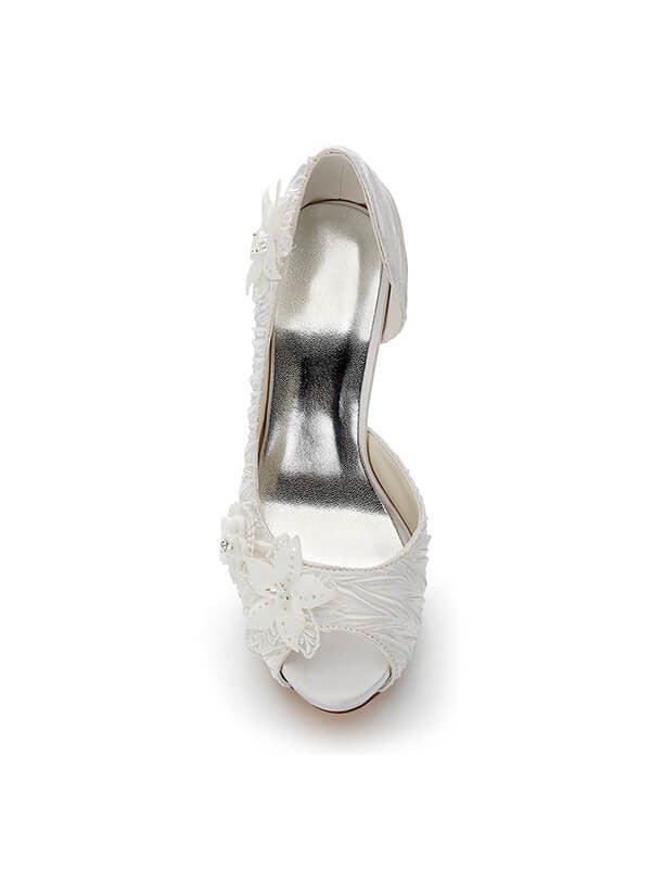 Satin PU Peep Toe Stiletto Heel Wedding Shoes With Flowers OS129