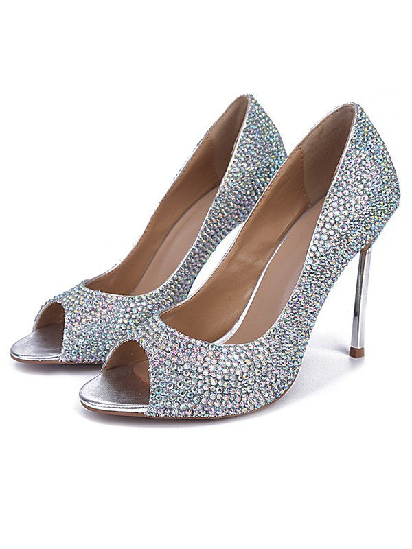 Rhinestone High Heels Sheepskin Peep Toe Stiletto Heel OS130