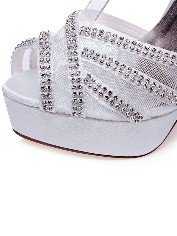 White Wedding Shoes Satin Peep Toe Stiletto Heel With Rhinestones OS125