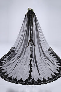 Black Wedding Veil One-tier Lace Applique Edge Bridal Chapel Veils OV10