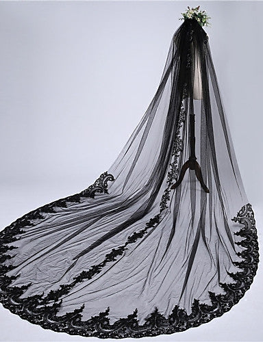 Black Wedding Veil One-tier Lace Applique Edge Bridal Chapel Veils OV10