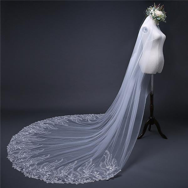 Cheap Elegant Long Wedding Veils Tulle Appliques OV2