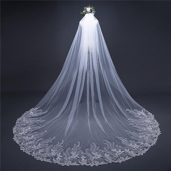 Cheap Elegant Long Wedding Veils Tulle Appliques OV2