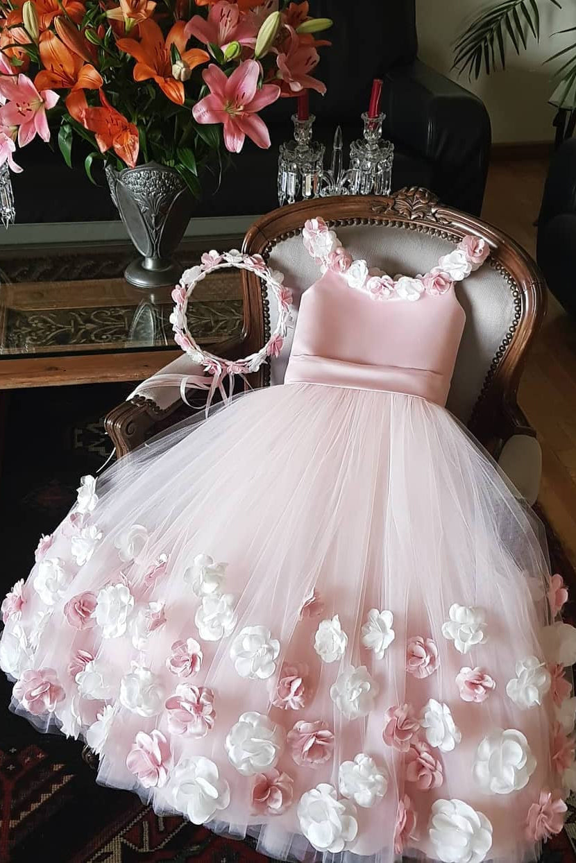 Cute Pink Tulle 3D Floral Appliques Princess Flower Girl Dress OF136