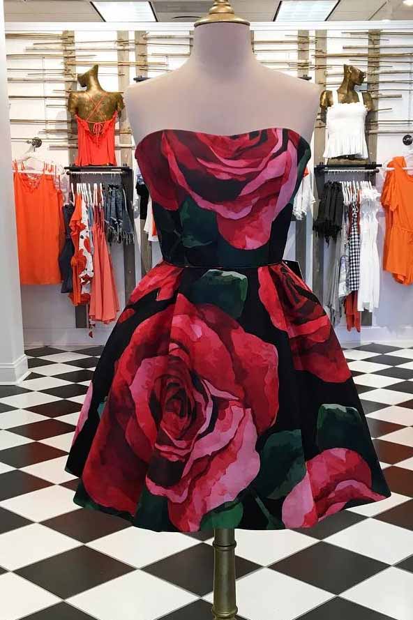 Strapless Short Prom Dress Floral Print Homecoming Dress OM219