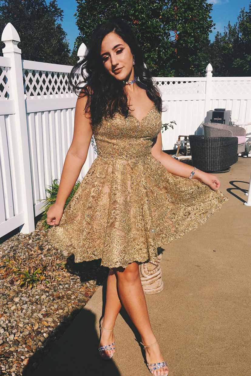 Gold Lace V-neck Short Prom Dress Homecoming Gown OM212