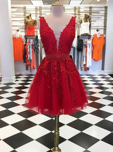 A-line Red V Neck Lace Short Prom Dress Homecoming Dress